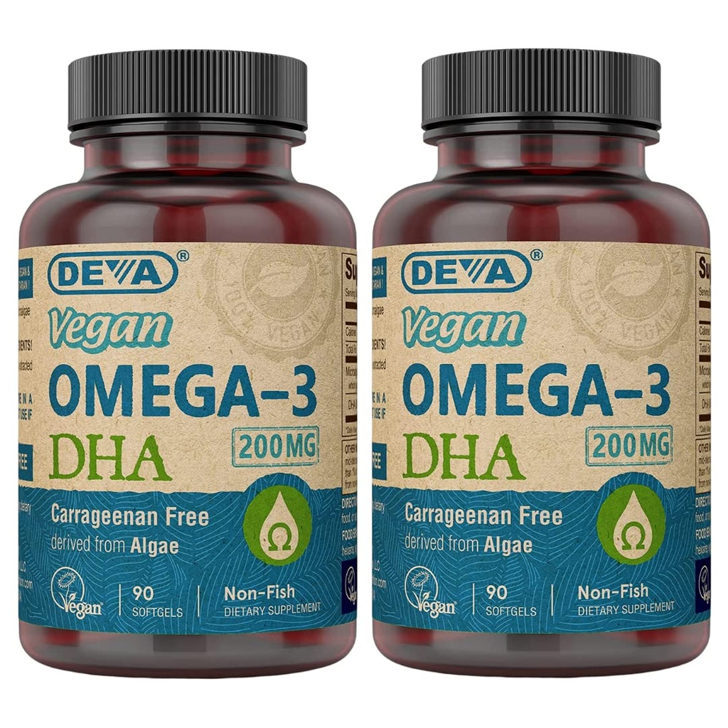 DEVA Vegan Omega-3 DHA Supplement, Once-Per-Day Softgel 200 MG, Carrageenan Free, Gelatin Free, Non-Fish, Algae Oil, Omega-3 Fatty Acids - 90 Softgels (Pack of 2)