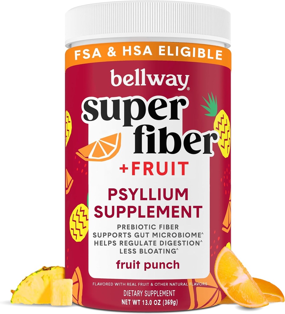 Bellway Super Fiber Powder + Frutta, Sugar Free Organic Psyllium Husk Powder Fiber Supplemento per Regolarità, Bloating Relief & Digestive Health, Plant-Based, Fruit Punch (50 Servings)