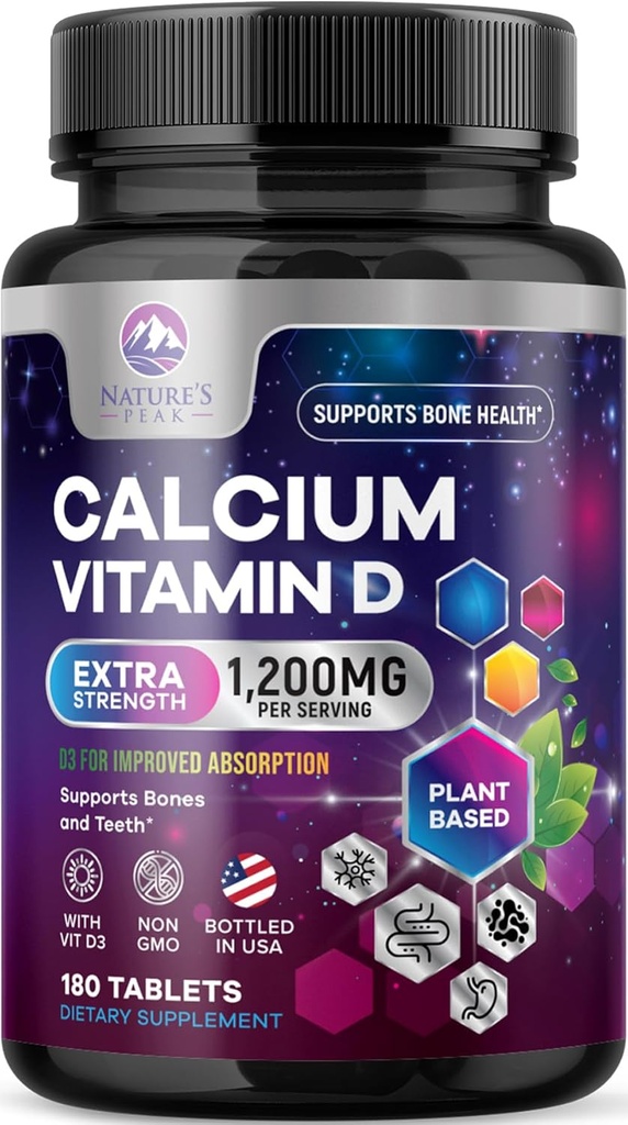 Calcium 1200 mg with Vitamin D3, Calcium Supplement Vitamins, Bone, Teeth & Immune Health Support, Calcium Supplements with D for Women & Men, Nature's Absorbable Calcium Carbonate - 180 Tablets