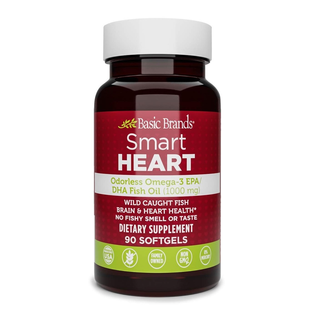 Grundlegende Marken Smart Heart Geruchsloses Omega-3-Fischöl, Burp-Less, Kein Fischgeruch, 1000 mg, 90 Count