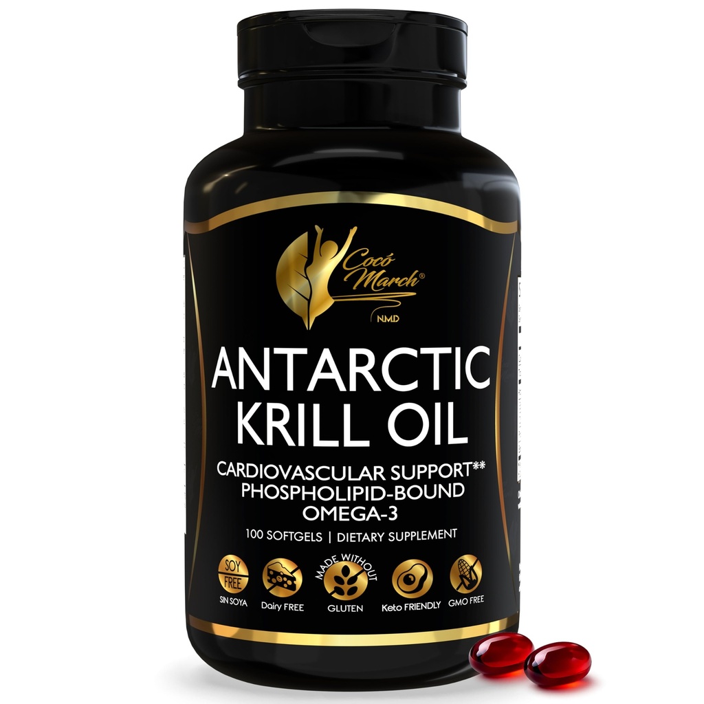 Cocó March N.M.D Pure Antarctic Krill Oil 1000mg – Omega-3-Fischöl-Ergänzung mit EPA, DHA, Cholin & Astaxanthin – Schnelle Absorption, Immun, Herz & Joint Support für Männer & Frauen – 100 Softgels