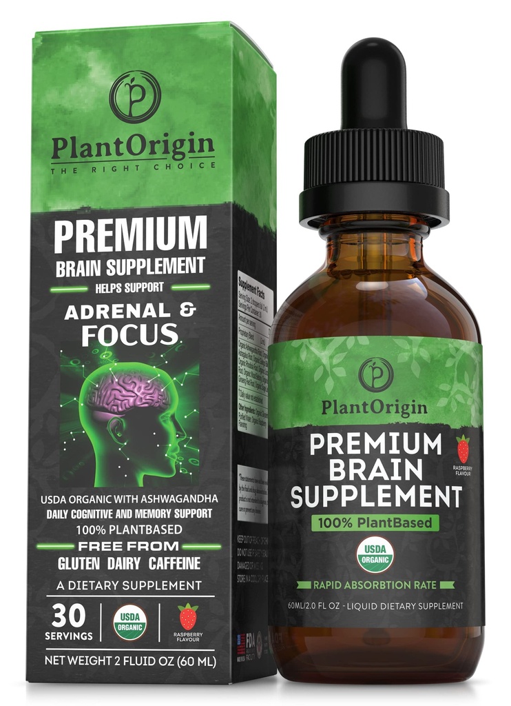 PLANTORIGIN-USDA Organic Liquid Brain Supplement – Plant-Based Nootropic Tropfen für Fokus, Memory & Mental Clarity – Vegan, Non-GMO, Koffeinfrei, Ashwagandha, Ginseng, Ginkgo, Rhodiola – Made in USA