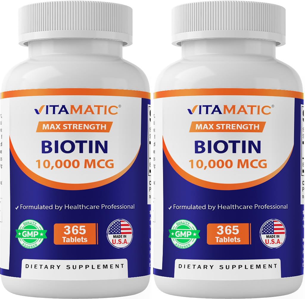 Vitamatic Biotin 10.000 mcg (10 mg) per capelli più forti, pelle e chiodi - 365 compresse vegane- anche chiamato vitamina B7-2 Pack