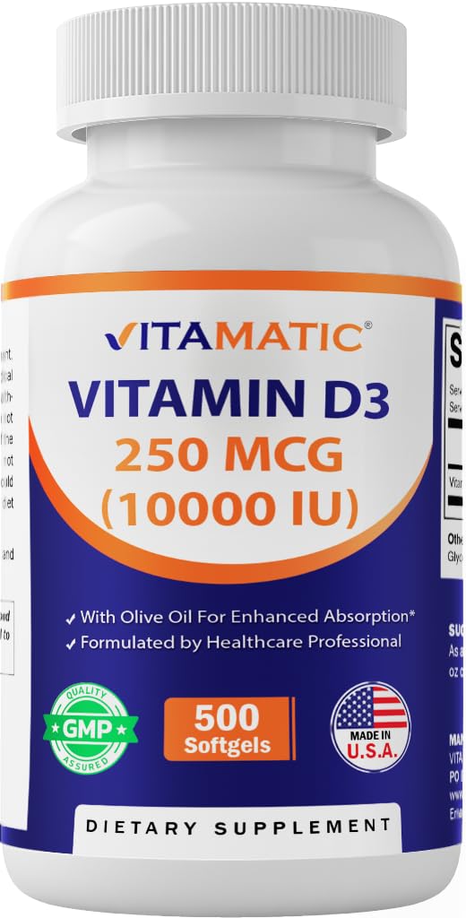 Vitamatic Vitamina D3 10000 IU (250 mcg) - 500 Softgels (Olive Oil Based), Non OGM, Gluten Free in Cold-Pressed Mini Softgels