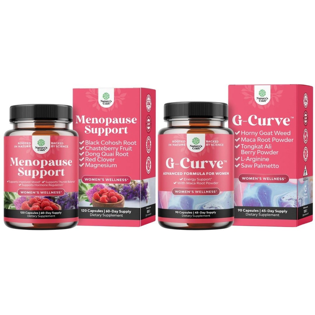 Bundle of Complete Herbal Menopause Supplement - Female Hormone Balance for Night Sweats Hot Flashes Mood Swings and G-Curve Butt and Breast Growth Capsules - Horny Goat Weed, Muira Puama & Maca Root
