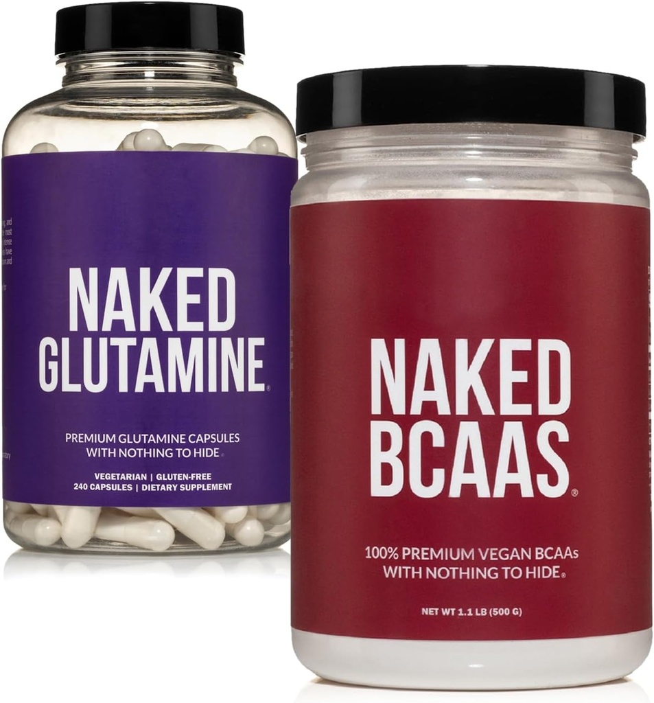 NAKED Unflavored BCAAs 100 Portionen + reines L-Glutamin 240 Kapseln Bundle: Non-GMO, Glutenfrei, Muskelrückgewinnung, Nichts Künstliche
