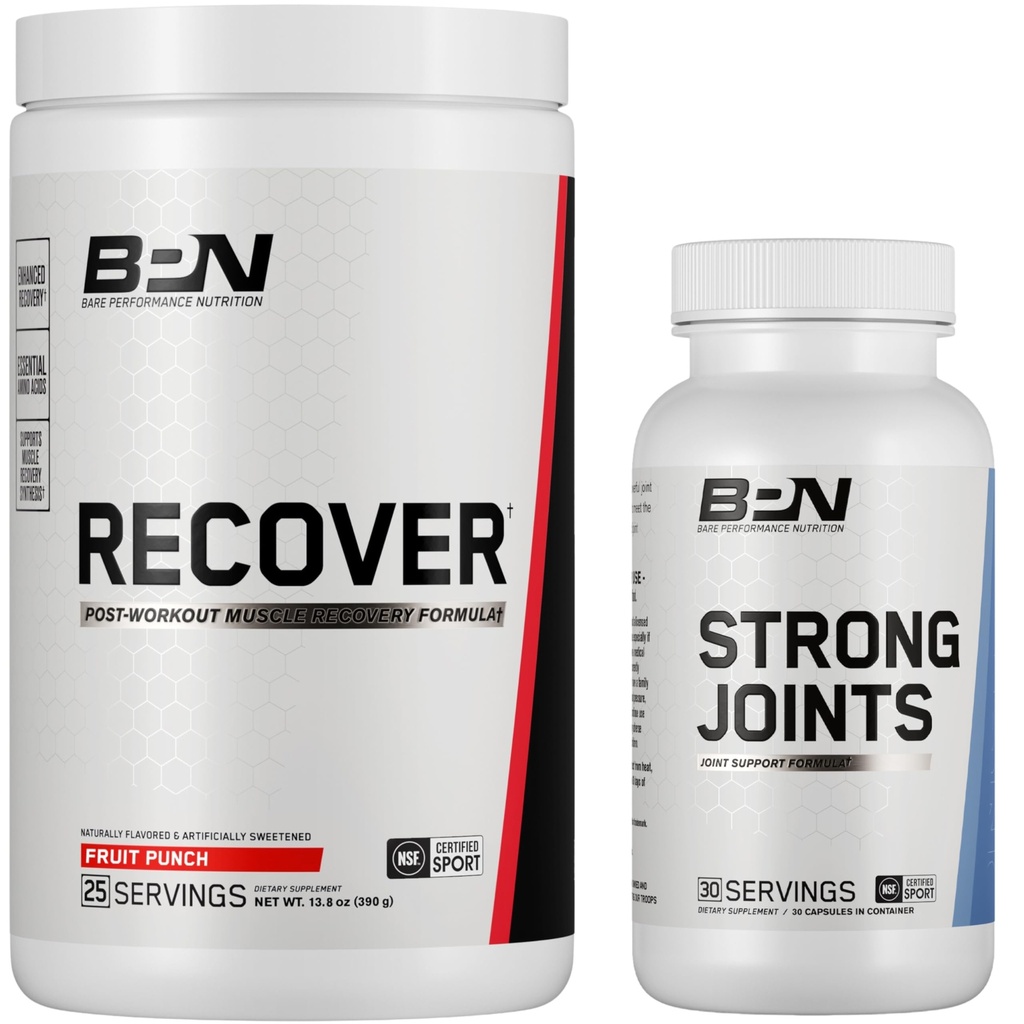 BARE PERFORMANCE NUTRITION BPN Strong Joints – Joint Support Capsules 30 Day Supply + Recover Post-Workout Muscle Recovery Drink Mix – Fruit Punch 25 Servings | Mobility + Recovery Bundle
