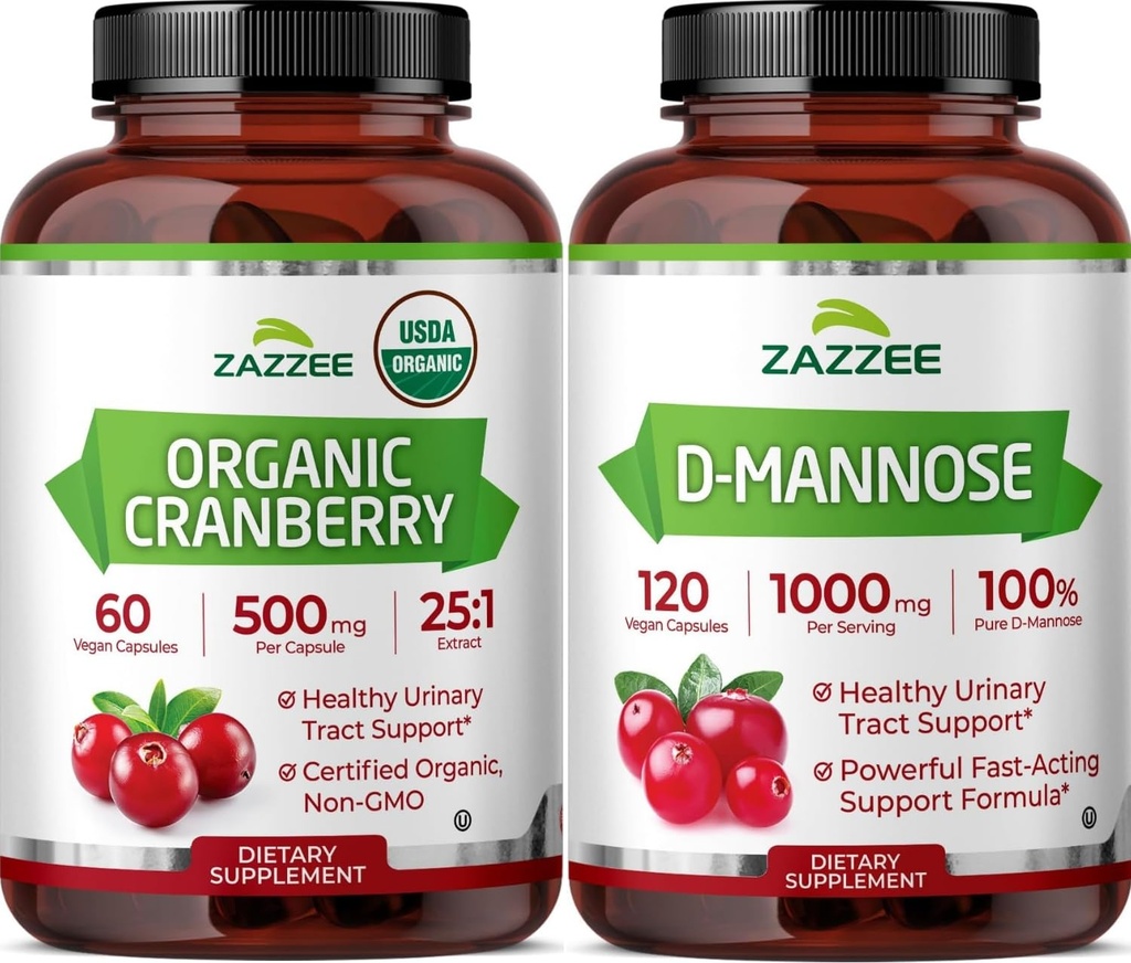 Zazzee Urinary Tract Cleanse Bundle | Fast Acting D-Mannose 1000mg Capsules Plus USDA Organic Cranberry Extract Capsules for Women | Non-GMO Vegan & ISO Lab Tested (60 Servings Each)