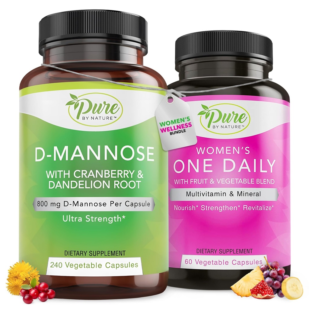 Pure By Nature Bundle Pack of 600mg D Mannose 240 Capsules & One Daily Multivitamin for Women 60 Capsules Supplements, Immunity & Urinary Tract Health Support Women’s Wellness Bundle