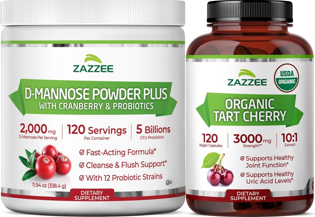 Zazzee Kidney Bladder & Urinary Tract Support Bundle | Organic Tart Cherry Extract Capsules Plus D Mannose with Cranberry Probiotics for Women | Non-GMO Vegan & ISO Lab Tested (120 Servings Each)