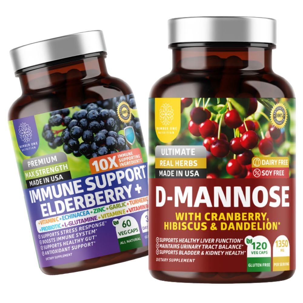 Number One Nutrition N1N Premium D-Mannose with Cranberry & Hibiscus [1350mg], 120 Capsules, and Immune Support Booster with Elderberry, Vitamin C, Echinacea & Zinc, 60 Capsules, 2 Pack Bundle