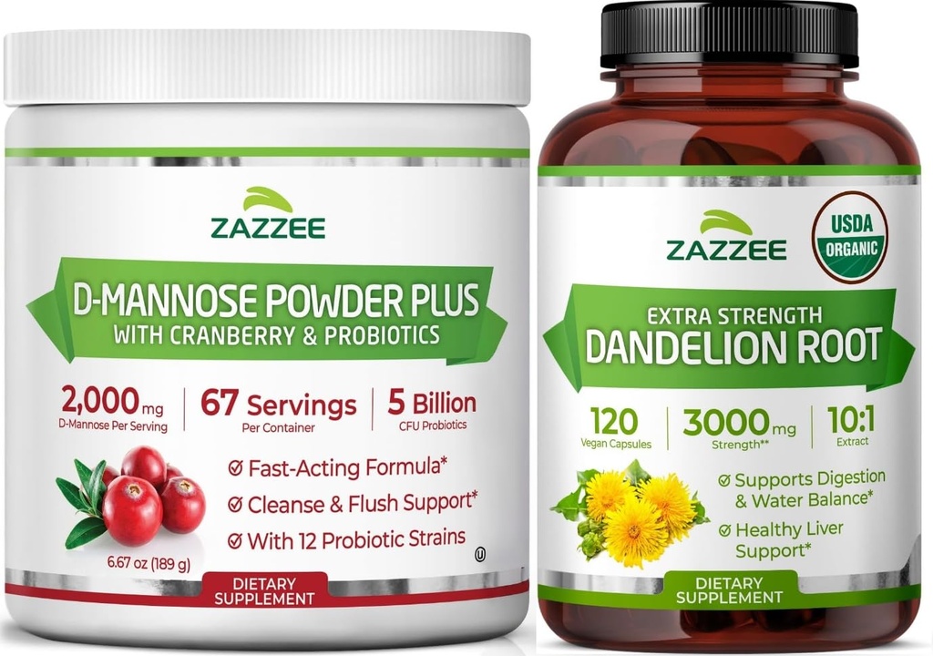 Zazzee Urinary Tract Cleanse & Detox Bundle | USDA Organic Dandelion Root Extract Capsules Plus D Mannose with Cranberry Probiotics for Women | Non-GMO Vegan & ISO Lab Tested