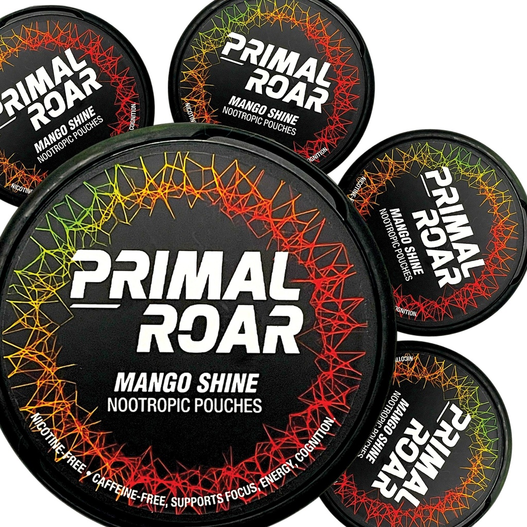 Primal Roar Mango Shine - Stimulanzienfreie Deep Focus Nootropics Pouches | Lion's Mane + Cognizin Citicoline + Huperzine A | Nikotin und Koffeinfrei | 20 Pouches Per Dose (100 Total in 5-Pack)