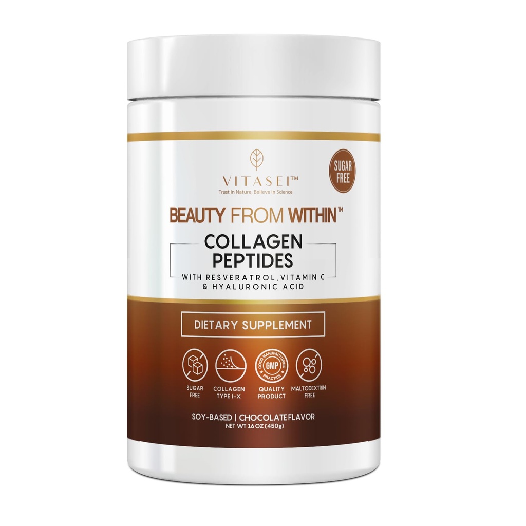 Hydrolyzed Collagen Peptides Powder with Vitamin C, Resveratrol & Stevia – Hair, Skin & Nails Vitamins for Women & Men – Sugar Free, Chocolate Flavored – 16 oz