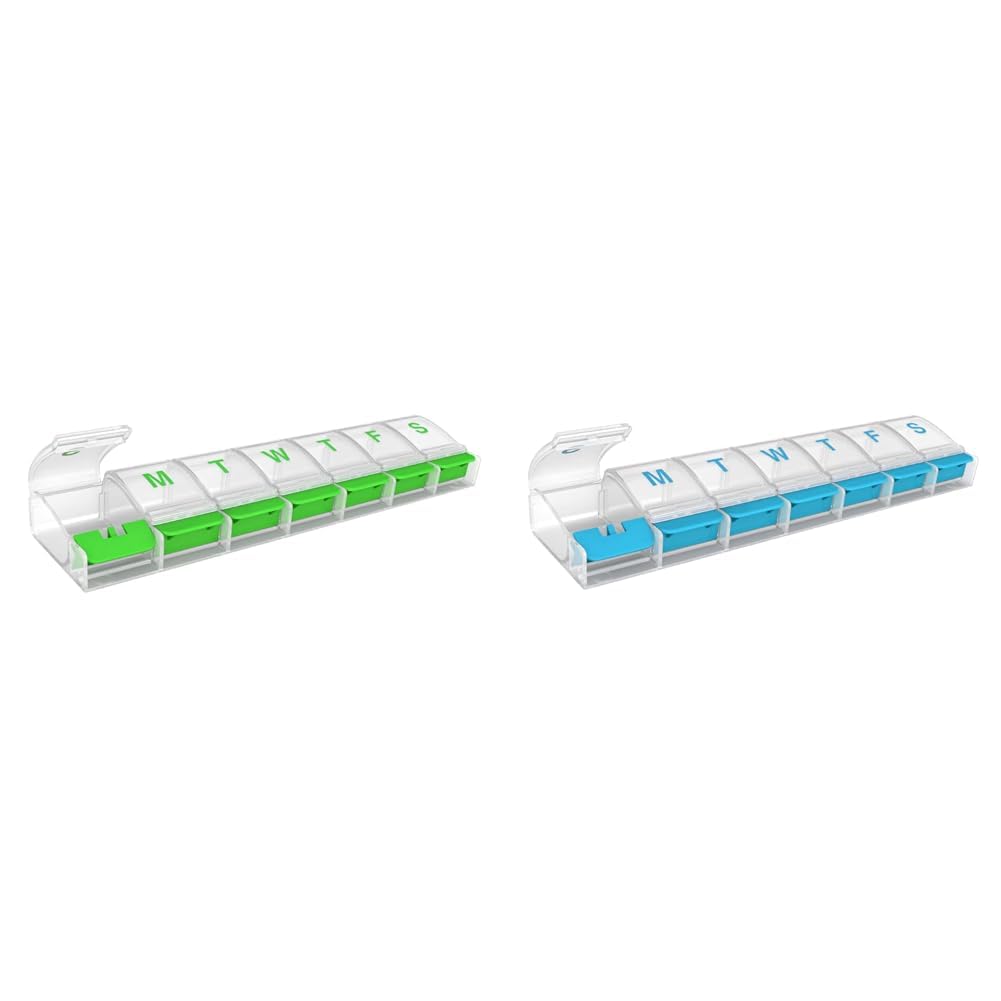 EZY DOSE Weekly 7-Day Push Button XL Pill Organizers, Arthritis Friendly, Clear Lids, Green 67571GAMT & Blue 67571BLAMT
