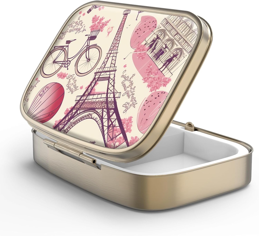 Pille Case Pille Box mit Spiegel Retro 2 Compartment Small Pill Case für Geldbörse oder Tasche Bronze Rechteckige Pille Box oder Vitamine, Fischöl, Ergänzungen, Pille Enthalten Reise-Geschenk(Paris Eiffelturm)