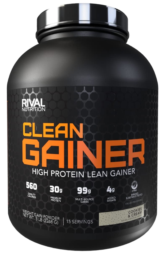 RIVAL NUTRITION Clean Gainer Protein Powder – 5LB Cookies & Cream – High Protein Lean Mass & Weight Gainer | 560 Calories, 30g Protein, 99g Multi-Source Carbs – 15 Servings