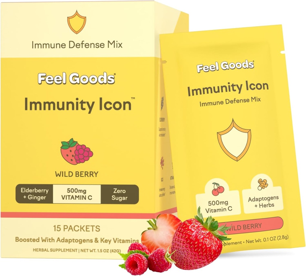 Feel Goods Immunität Icon, Zero Sugar, Vitamin C, A, B, D, E & Zink, Organic Elderberry, Ashwagandha, Drink Mix Powder, Vegan, Non GMO, Koffein & Gluten Free | Wild Berry, 15 Count