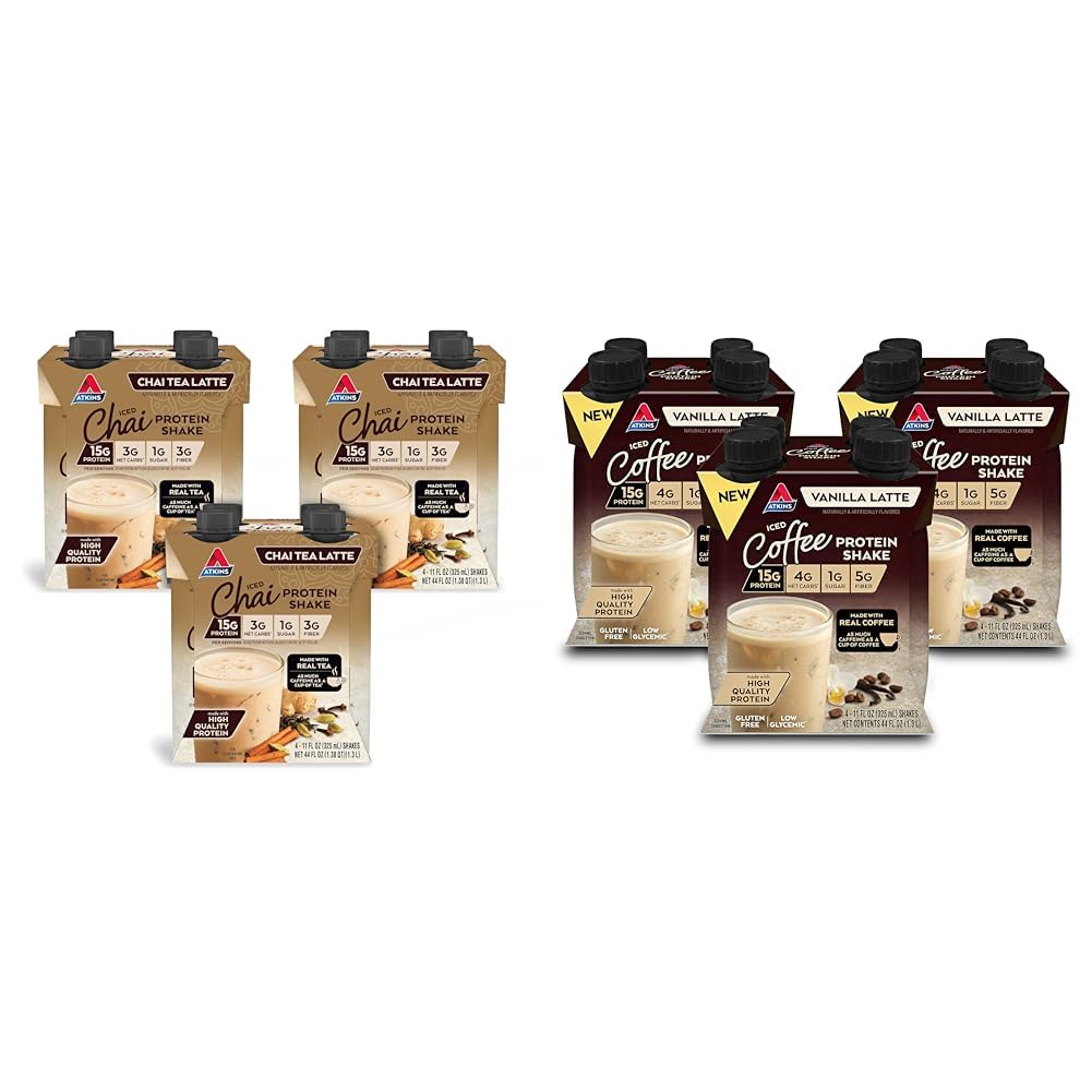 Atkins Chai Tea Latte Protein Shake, 15g Protein, Low Glycemic, 3g Net Carb, 1g Sugar, Keto Friendly & Iced Coffee Vanilla Latte Protein Shake, 15g Protein, Low Glycemic, 4g Net Carb, 1g Sugar