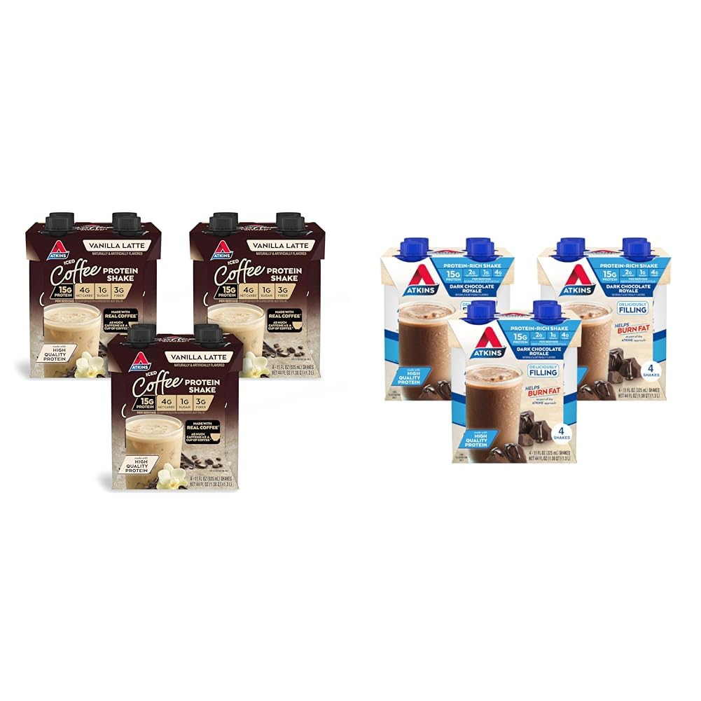Atkins Iced Coffee Vanilla Latte Protein Shake, 15g Protein, Low Glycemic, 4g Net Carb, 1g Sugar & Dark Chocolate Royale Protein Shake, 15g Protein, Low Glycemic, 2g Net Carb, 1g Sugar
