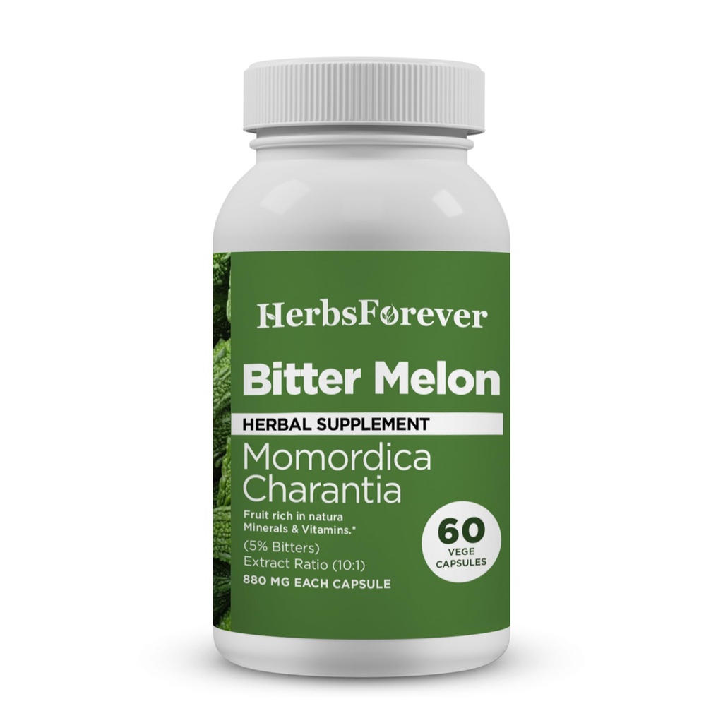 HerbsForever Bittermelon/Gourd-Extra Strength(10:1)Extract,Equiv.to 4250mg Fruit Powder Per Serving-Sugar/Carb Control,Support Sweets Metabolism, & Skin Health-Natural|5% Bitters|60Veg Capsules|880mg