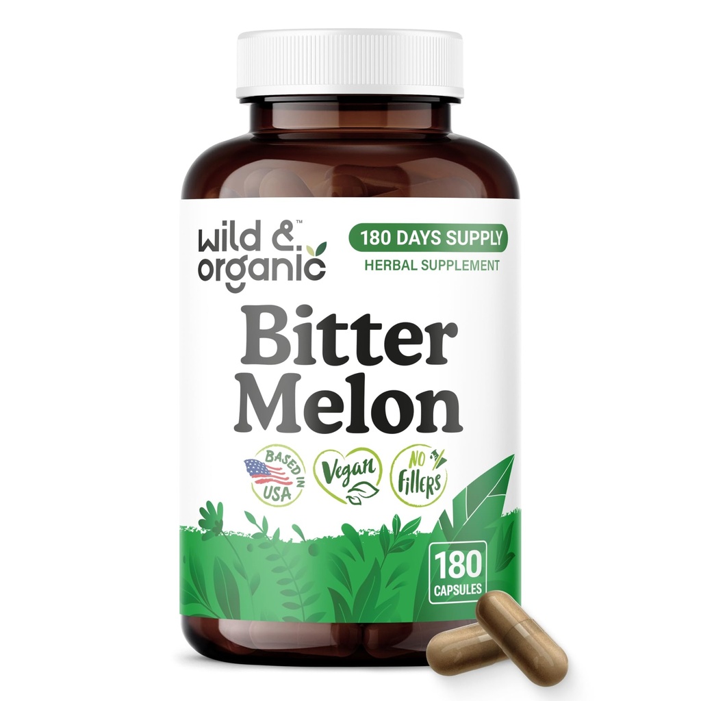 Wild & Organic Bitter Melon Capsules 500 mg - Overall & Digestive Support - Bitter Melon Powder Supplement - Momordica Charantia Capsules - Vegan, No Fillers, Non-GMO - 180 Count