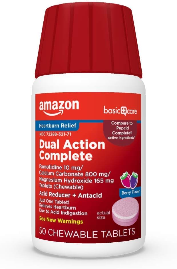 Basic Care Dual Action Complete, Kaubare Säure Reducer Plus Antacid Tabletten, Berry Flavor, Sodbrennen Medizin, Säure Verdauungshilfe, 50 Zähler