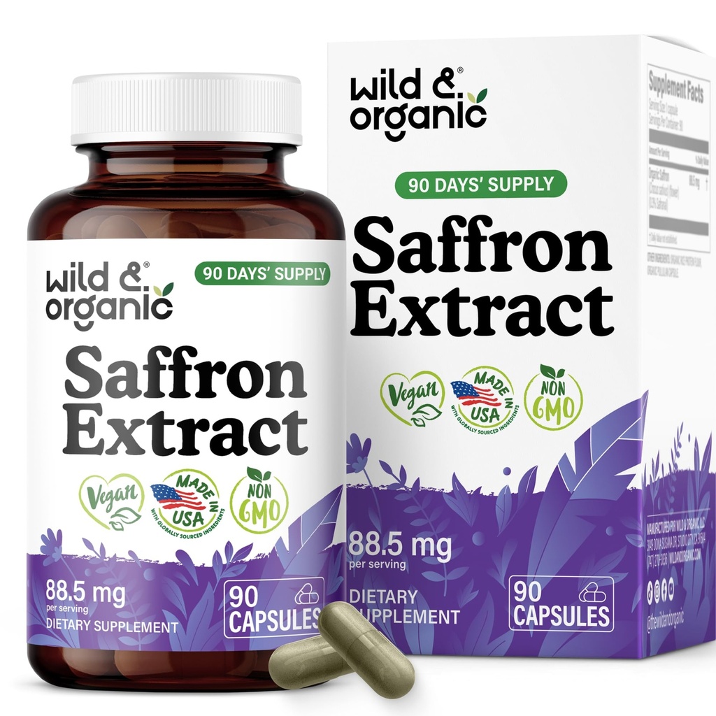 Wild & Organic Saffron Extract Capsules 88.5 mg - Mood, Focus, Eye Support - Natural Saffron Supplements - Crocus Sativus Powder - 90 Days of Supply - Vegan, Non-GMO - 90 Count