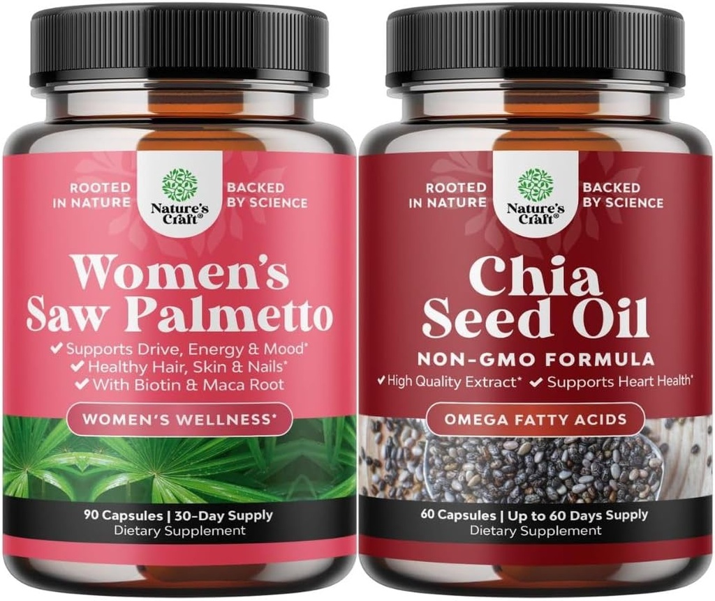 Bundle of Extra Strength Saw Palmetto für Frauen und Chia Seed Öl Extrakt Kapseln - Stärkere Thicker schnellere Haarwachstum Vitamine - Pflanzenbasierte Omega 3 6 9 Supplement und tägliche Faserkapseln