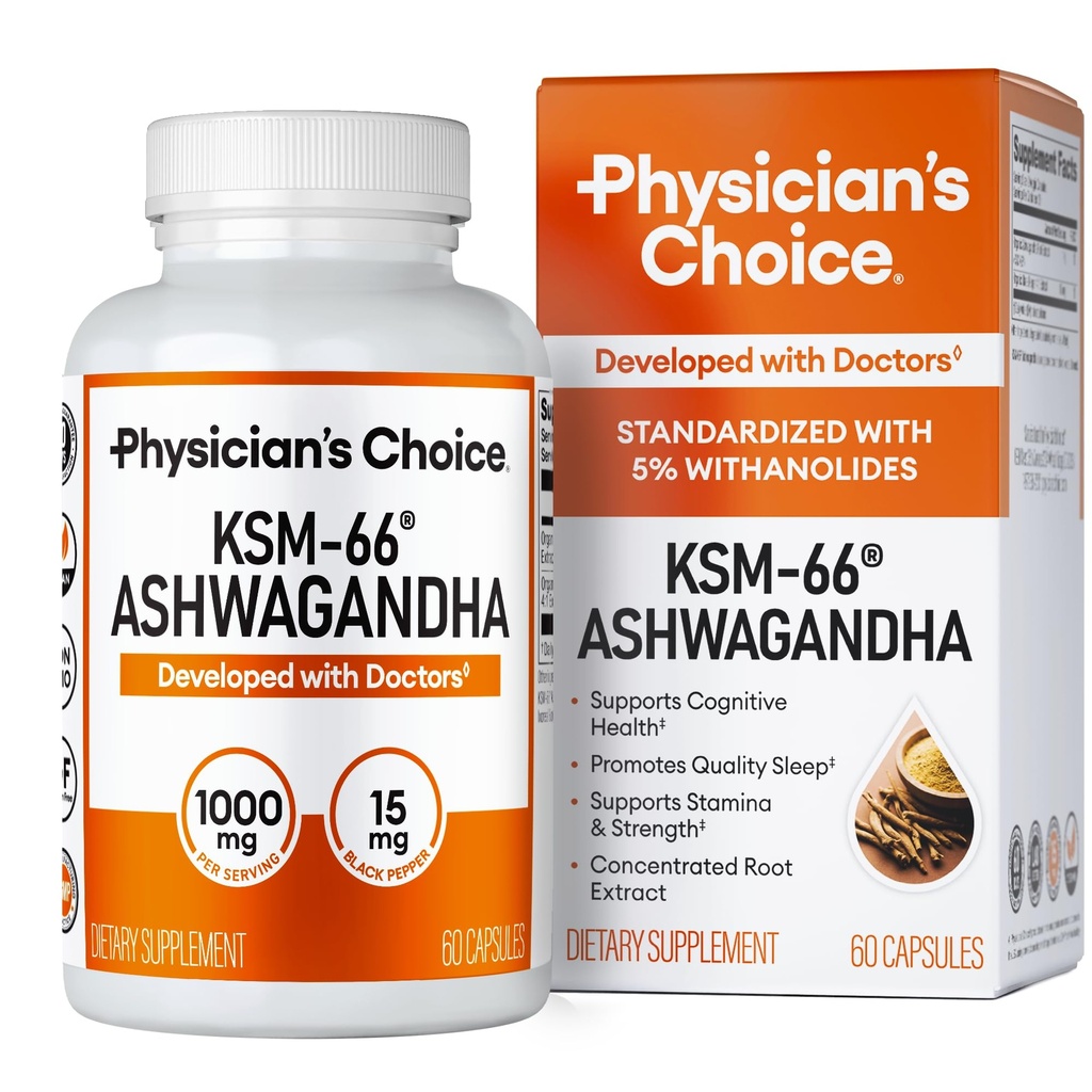 Physician's CHOICE KSM-66 Ashwagandha Root Powder Extract 1,000mg - Organic - with Black Pepper for Maximum Absorption - 5% Withanolides - Stress, Mood & Athletic Support - 60 Vegan Capsules