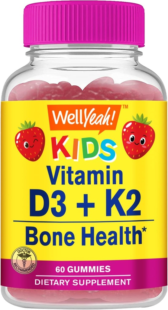Bien oui Vitamine D3 + K2 pour les enfants Gummies - Vitamine D3 1000 UI, K2 100 MCG - Bone and Muscle Health Support, Saveurs naturelles, Sans OGM, Sans gluten, Vegan - K2 D3 Supplément de vitamine- 60 Gummies
