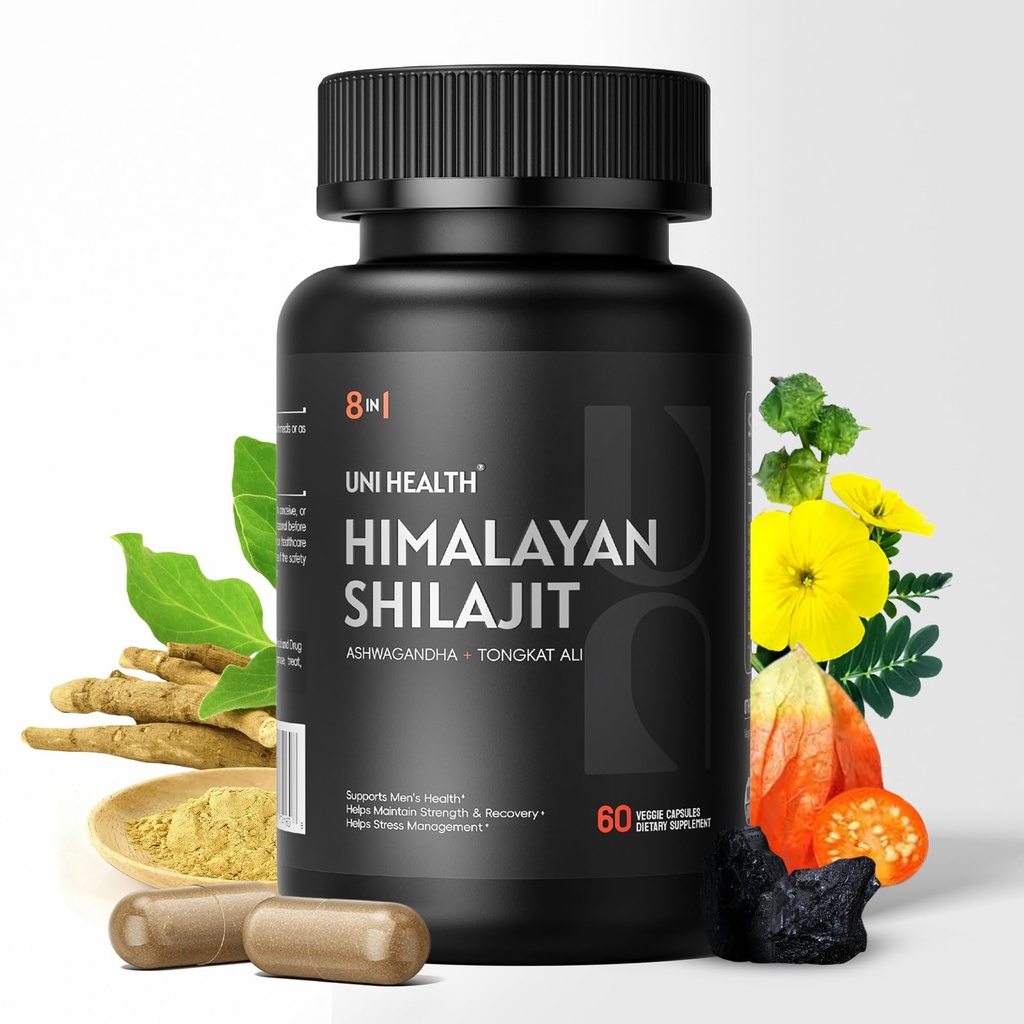 UniHealth® Himalayan Shilajit per gli uomini e le donne - Tongkat Ali, Ashwagandha, Acido Fulvico, Zinco, B6, B12, D3 per gli uomini – Pure Shilajits Supplement – Energy & Stamina Support - 60 Capsule