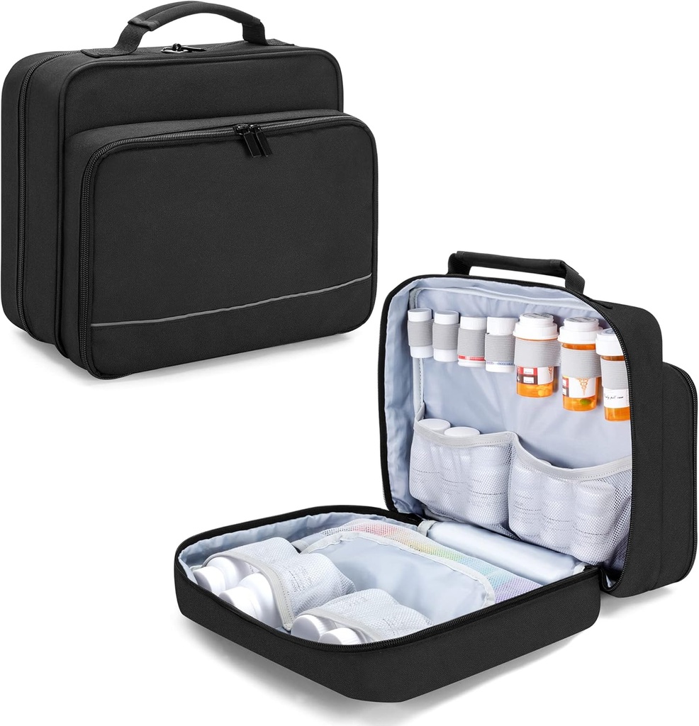 Damero Pill Organisateur de bouteille, Bouteille de médecine Sac de stockage Médicament étui de voyage pour organisateur de pilule, Vitamines, Suppléments médicaux, Noir, Patent Design