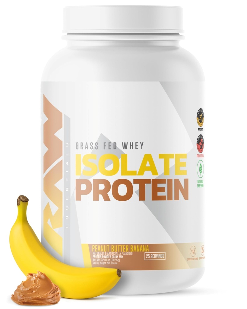 RAW Whey Isolate Protein Powder, Peanut Butter & Banana - 100% Grass-Fed Whey Protein Powder for Muscle Growth & Recovery - Low-Fat, Low Carb, Naturally Flavored & Sweetened - 25 Servings