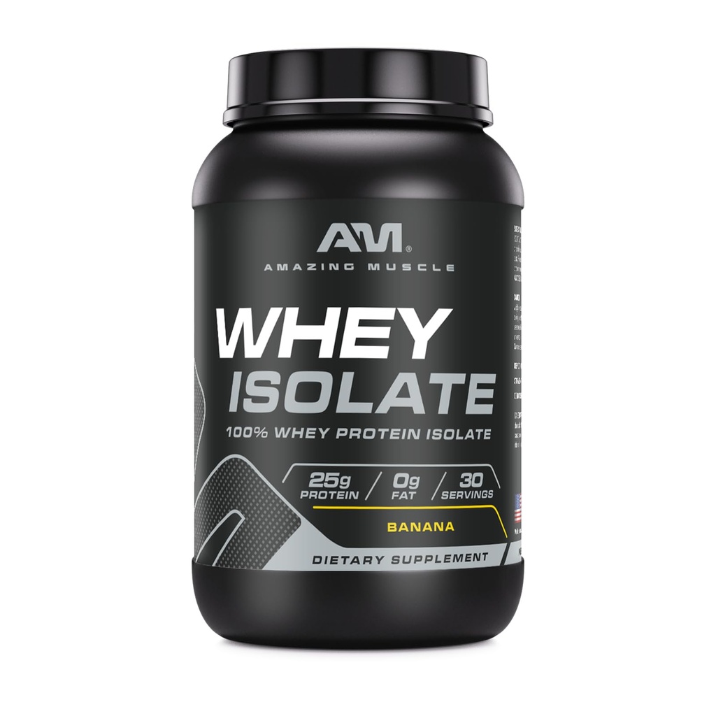 Amazing Muscle Whey Protein Isolate Powder | 25 Grams Protein Per Serving | 100% Whey Isolate | Zero Fat | Made in USA (2 LB, Banana)
