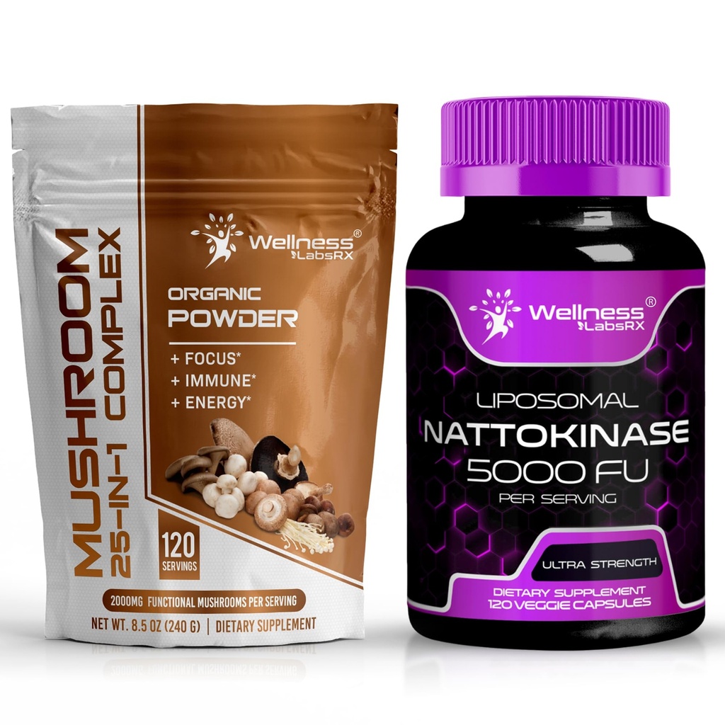 WELLNESS LABSRX Mushroom Powder 2000mg - Nattokinase Supplement Capsules - 5000 FU | Bundle