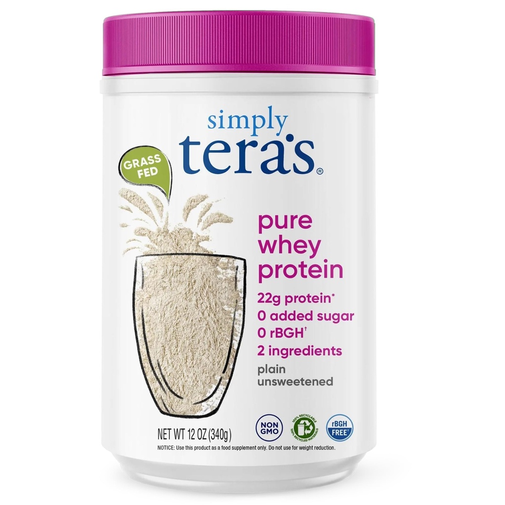 simply tera's Pure Whey Protein Powder - Grass Fed Whey Protein Powder, Clean & Natural, Unflavored, Non-GMO, Kosher, Unsweetened - 12 Oz