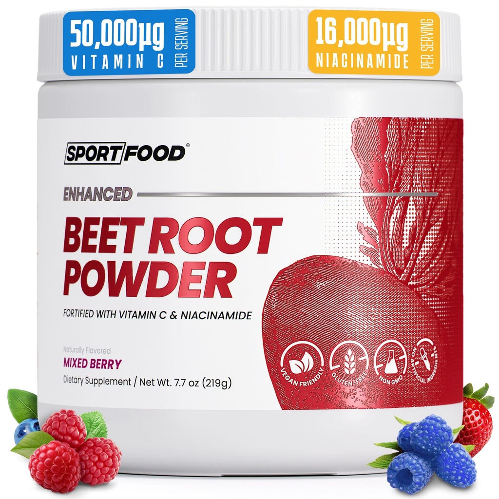 SPORTFOOD Beet Root Powder with Niacinamide & Vitamin C - Superfood for Circulation, Energy, & Stamina | Vegan, Non-GMO, Nitric Oxide Boost for Pre-Workout & Heart Health | Mixed Berry Flavor | 7.7oz