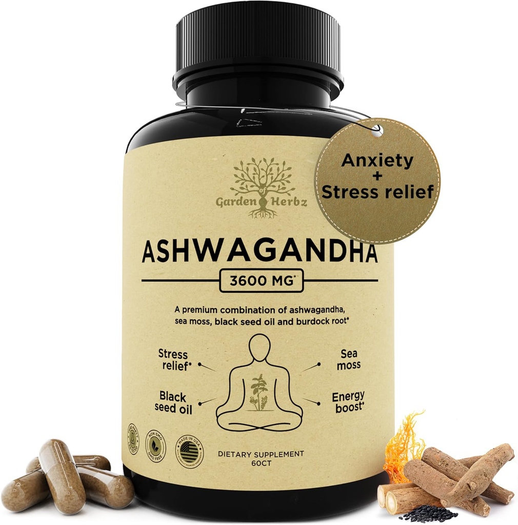 Organic Ashwagandha Root & Irish Sea Moss – 3,600 mg Ashwagandha Supplemento con olio di semi neri, & Burdock Root – Integratore di erbe per l'energia, Rilievo di sforzo, Forza extra, 60 Caps