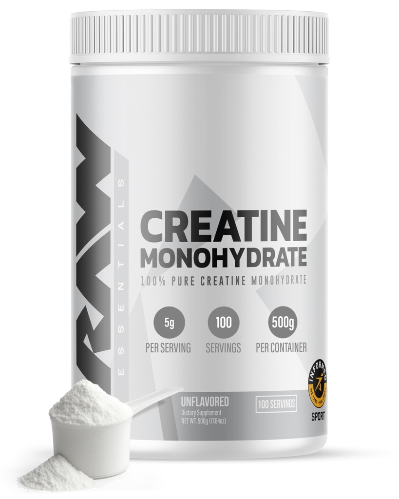 RAW Nutrition Creatine Monohydrate Powder, Unflavored (100 Servings) - Micronized Creatine Monohydrate Supplement for Workout Performance, Build Muscle & Strength - Creatine Powder for Men & Women