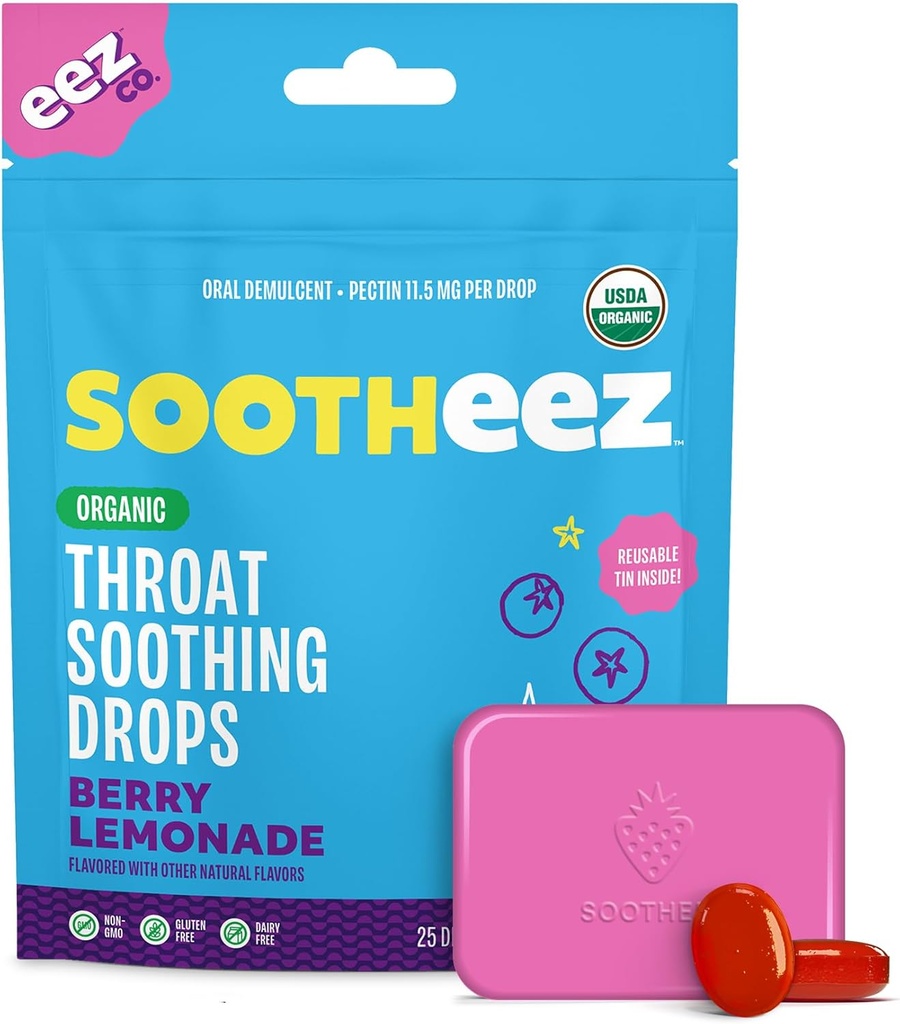 Sootheez Organic Throat Soothing Drops for Adults, Berry Lemonade, 25 Count, Refillable, Great Tasting Drops That Sooth Sore Throats