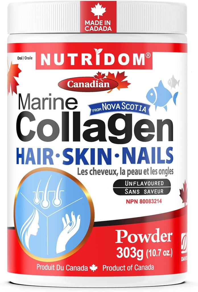 Nutridom Hydrolysed Marine Collagen Peptides poudre, Wild-Caught de Nova-Scotia, soutient cheveux, peau et ongles, non-OGM, sans gluten, soja et lait (303 g)