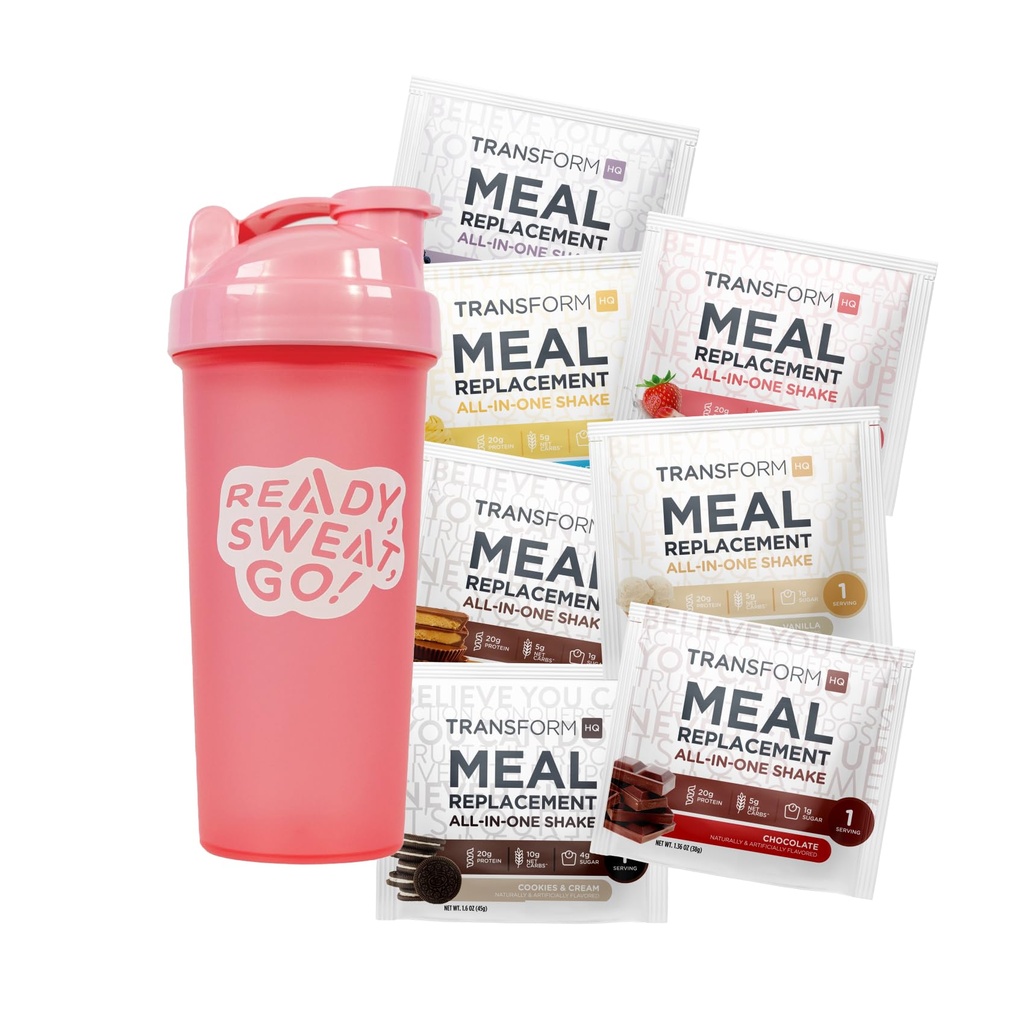 TransformHQ Meal Sostituzione Shake Variety Box con Shaker rosa, 7 pacchetti di Shake Singolo-Serving