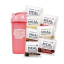 TransformHQ Meal Ersatz Shake Variety Box mit Pink Shaker, 7 Single-Serving Shake Packs