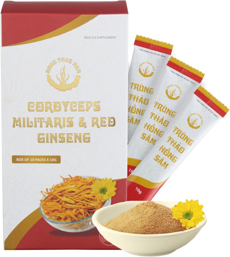 Dong Thao NAM - Poudre de ginseng et de cordyceps rouges organiques, extrait de 6 en 1 à base de plantes, augmente l'alerte, augmente l'énergie et réduit la fatigue, sans caféine, boîte de 10