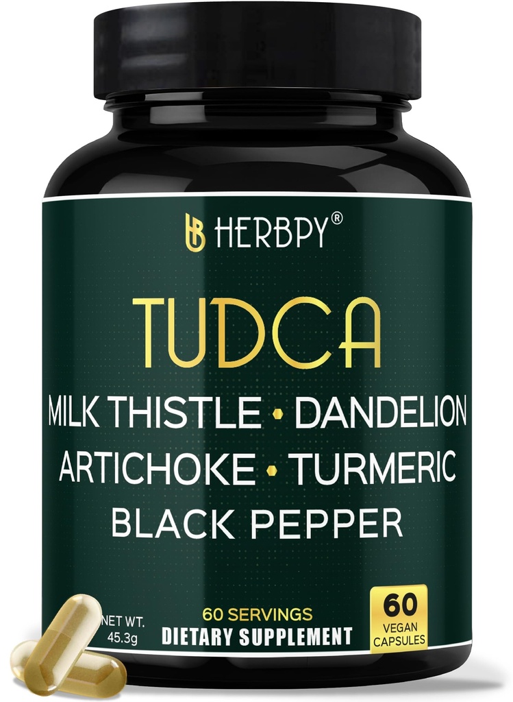 Herbpy 6in1 TUDCA Supplement - TUDCA 250mg with Milk Thistle, Dandelion Root, Artichoke & Turmeric Curcumin & Black Pepper Extract 10:1 | 60 Vegan Capsules for 2-Month Supply
