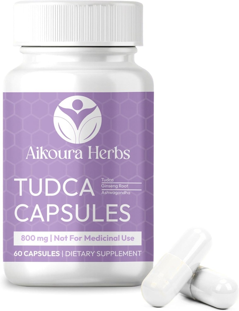 AIKOURA TUDCA 800mg – Supplément de soutien du foie – 60 Capsules Vegan avec Thistle de Lait, Ginseng et Ashwagandha – Promotion Gut & Santé globale.