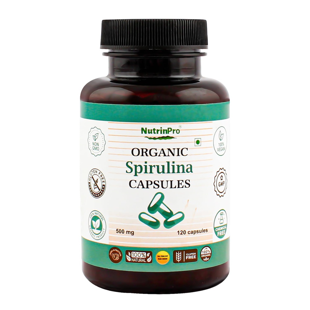 USDA Organic Spirulina Kapseln - 100% reine Vegan-Ergänzung, Non-GMO, Gluten-frei, chemisch-frei, (120)