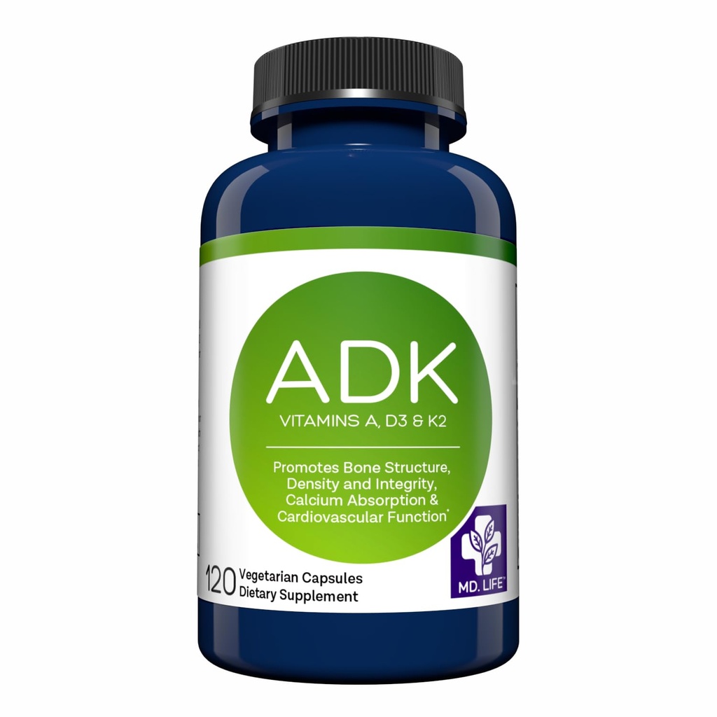 MD.LIFE ADK Vitamin Supplemento – Vitamina D3 K2 e A Complex – 120 capsule – Alta Potenza Vitamina ADK per Bone e Heart Health Support