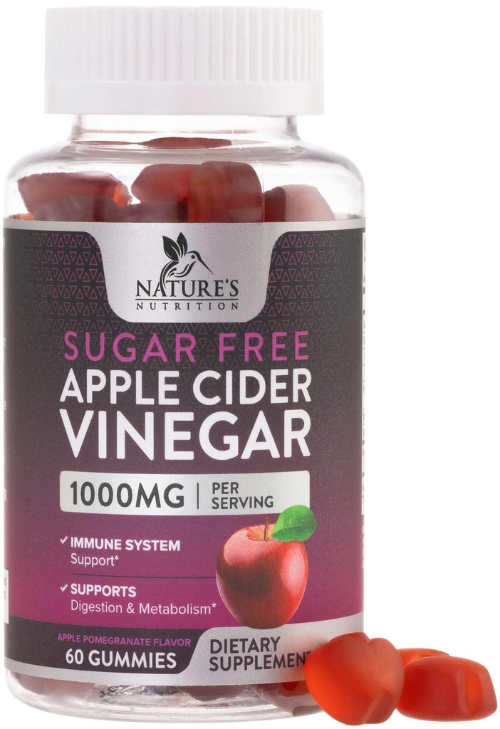 Apfelessig-Gummi-Gummi für Gewichtsverlust 1000mg - Vegan Apfelessig-Gummi für Detox & Cleanse, ACV Ergänzung Pillen, Vitamin B12, Sugar Free ACV Gummy, Non-GMO, Nature's Nutrition - 60 Gummis